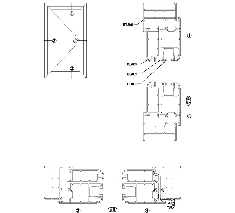 70系列平開窗節點圖